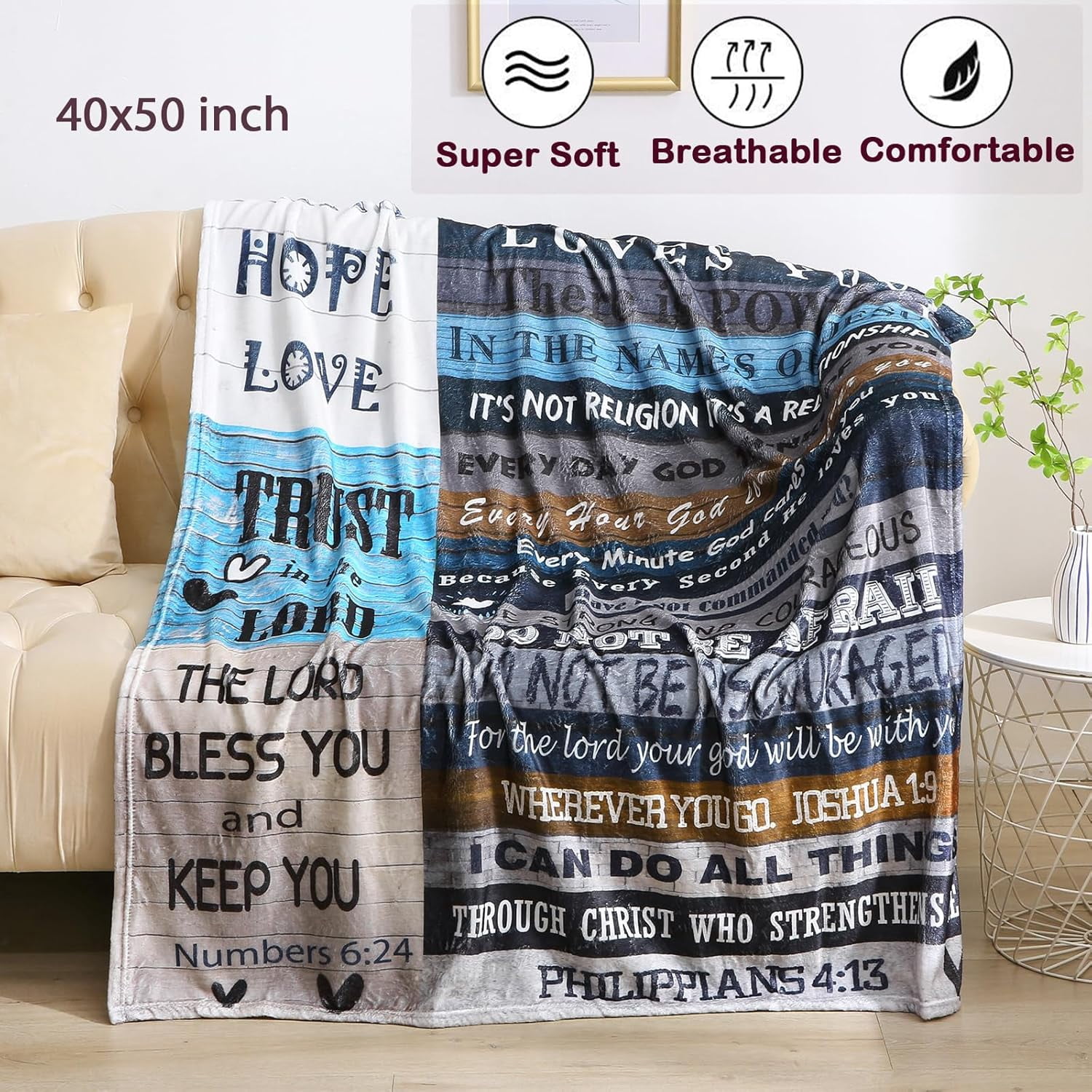 Christian Blanket Birthday Gifts for Women Men, Inspirational Scripture Throw Blanket with Bible Verse Religious Gifts (Navy, 60x80 inch, Navy Letter)