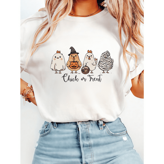 Funny Chicken Print T-shirts Halloween Chicken & Treat Casual Tops Trick-or-Treat Graphic Tees Short Sleeve Cotton Shirts White,XL