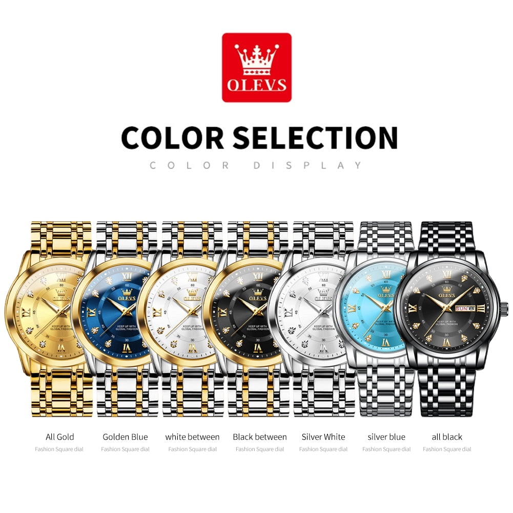OLEVS Watches for Men Classic Business Dress Analog Quartz Stainless Steel Waterproof Luminous Date Diamond Mens Wrist Watches Relojes De Hombre,Gold/Blue/Black Dial