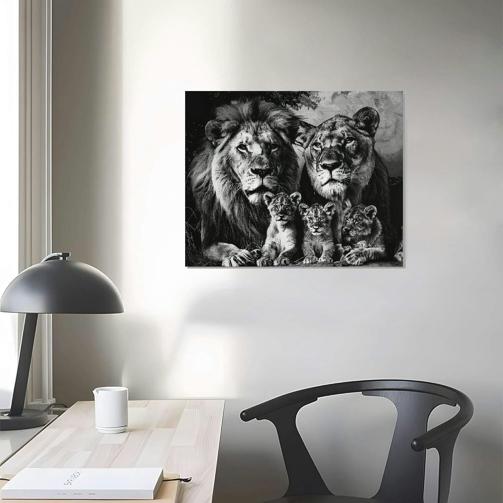 MLJA Lion Family Canvas Wall Art Black and White Animal Pictures Lion and Wall Poster Wild Animal Artwork Painting Abstract Lion Wall Art Black and Print