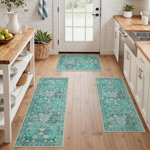 Kitchen Mats for Floor Set of 3 Non-Slip Washable, Waterproof Lightweight Kitchen Rugs, Kitchen Floor Mat Runner Rug Carpet for Laundry, Sink, Hallway, Bathroom, Entryway, Dark Green