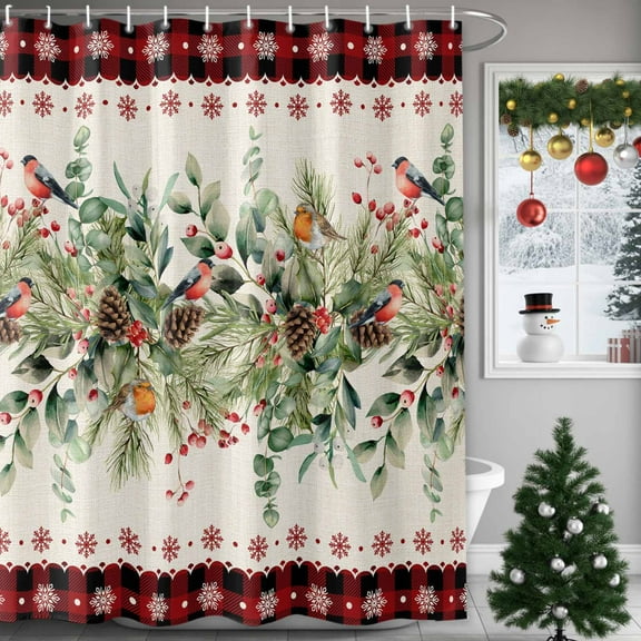 Shower Curtain Bathroom Set Winter Christmas Birds Eucalyptus Waterproof Fabric Shower Curtains with Grommets&Hooks Winter Plant Snow Plaid Privacy Bath Curtain for Bathtub 36x72in