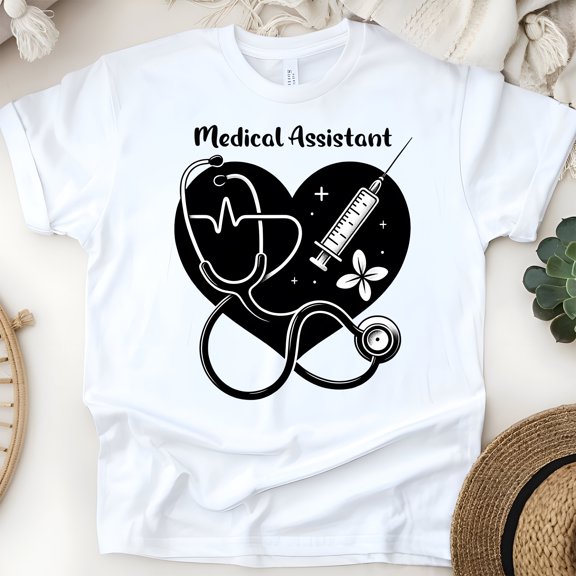 Medical Assistant Graphic T-Shirt with Heart and Stethoscope Design, White, Size S