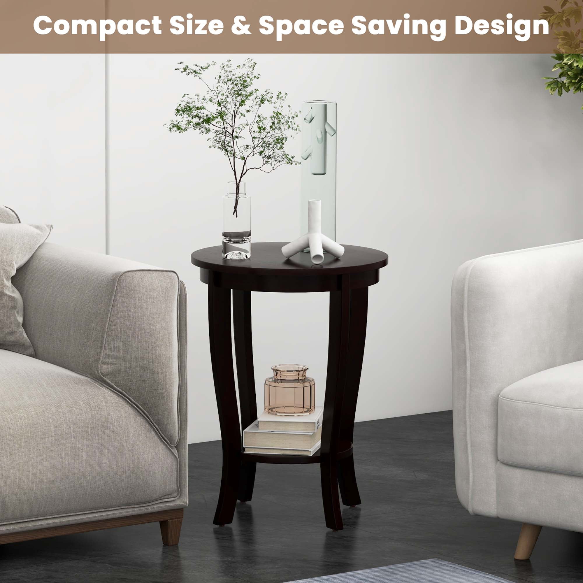 Costway 2 PCS 2-Tier End Table 18'' Round Compact Sofa Side Nightstand with Storage Shelf Espresso