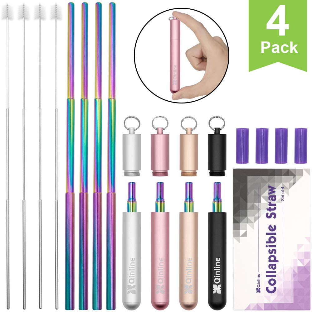Collapsible Reusable Telescopic Drinking Straw Portable Stainless Rainbow Color 