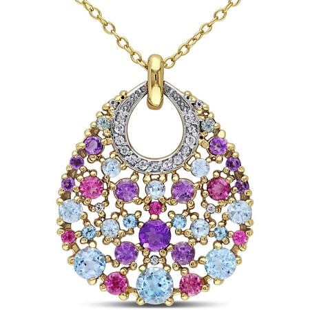 2 Carat T.G.W. Blue Topaz with Amethyst and Pink Tourmaline Yellow Rhodium-Plated Sterling Silver Multi-Stone Pendant, 18