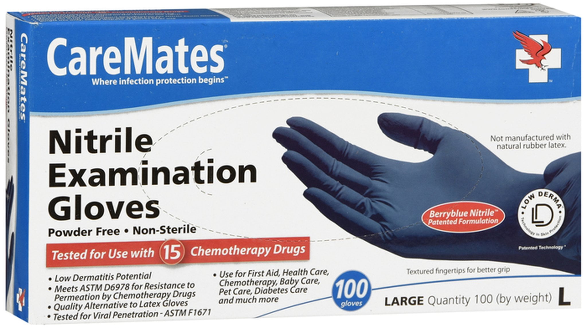 CareMates Powder Free Nitrile Examination Gloves, Large, 100 Count
