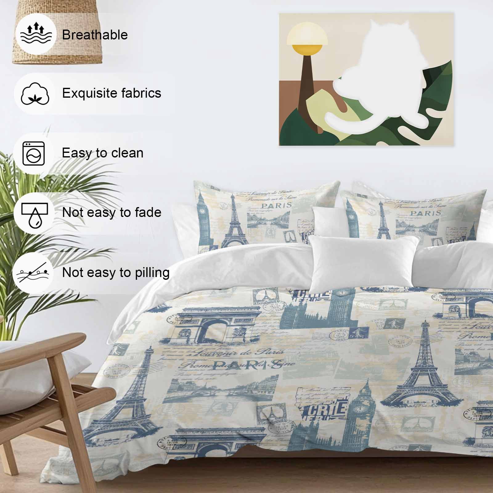 Vintage Art California King Duvet Cover Set, International Buildings Paris Towers Blue Grey 4 Piece Microfiber Bedding Set with Zipper Closure, Bed Sheet and 2 Pillow Shams, Soft Bedding Cover