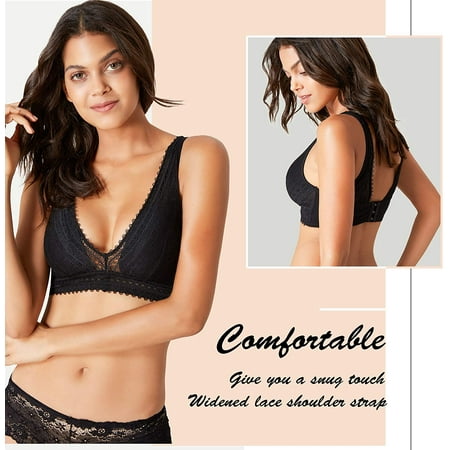 

Nebility Wirefree Deep V Bralette Top Lace Bralette for Women Removable Padded Plunge Cutout Bra (Black Large)