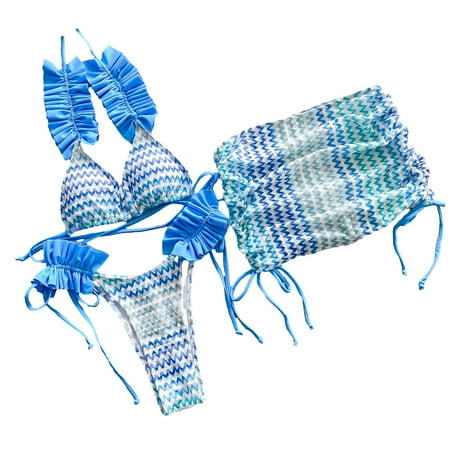Kitem 3 Pcs/Set Women Bikini Set Color Matching Lace-up Halter Neck Shirring Pleated Elastic Adjustable Quick Dry Soft Lady Bathing Suit Beachwear Swimsuit Bra Panties Skirt Set (Blue M)