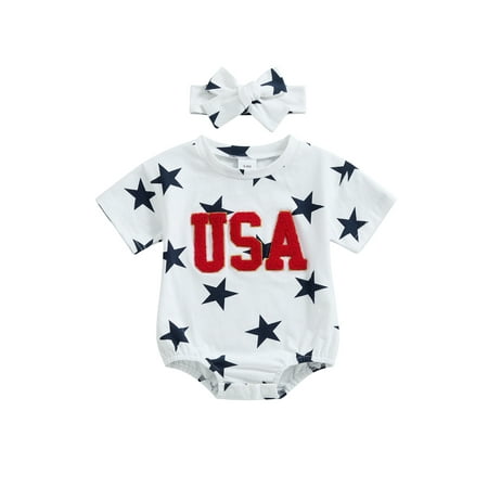 

ESASSALY 4th of July Baby Girls Rompers Embroidered Jumpsuits with Headband