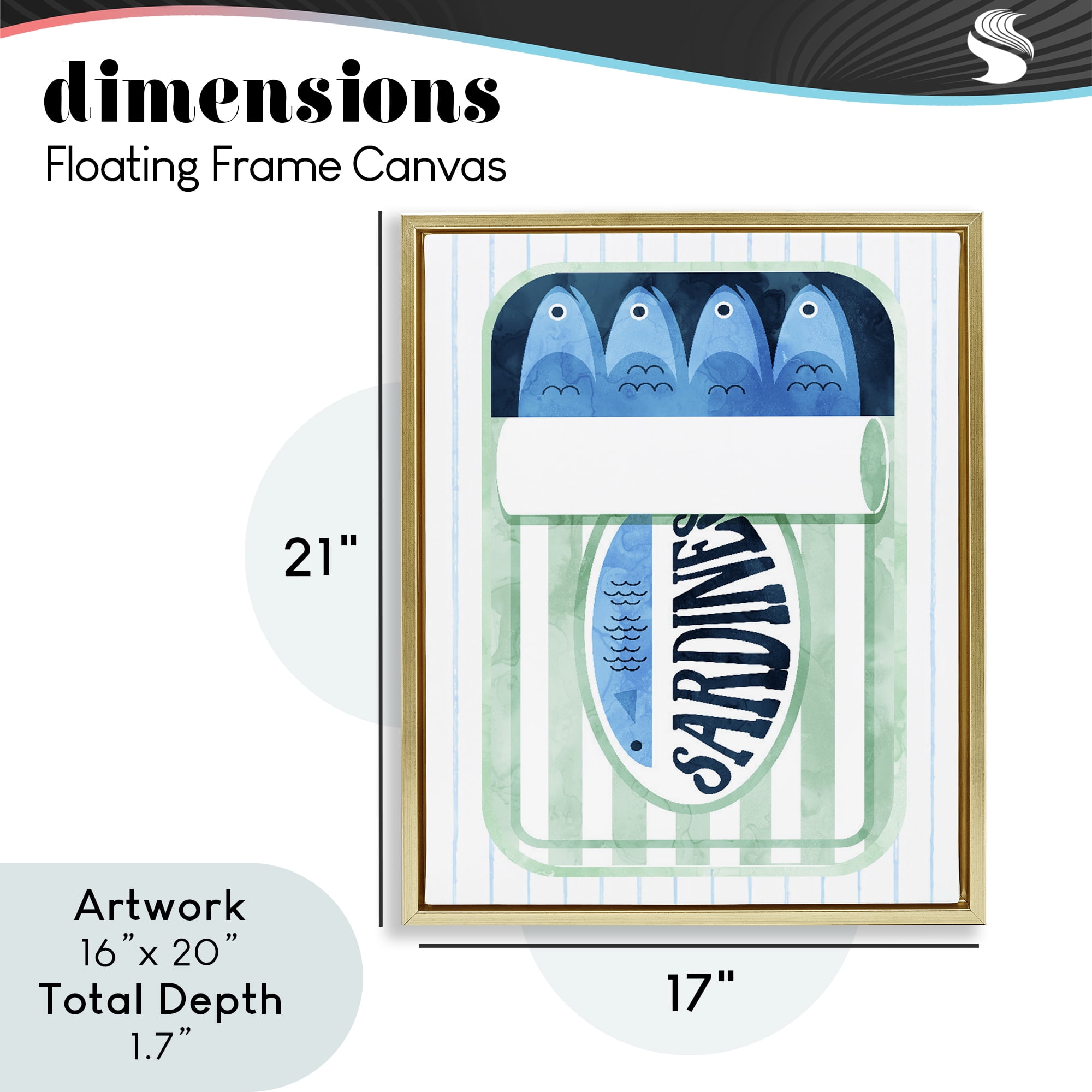 Seafoam Sardine Tin over Stripes Gold Framed Floater Canvas Wall Art, design by Daphne Polselli