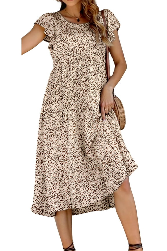 Dresses for Women Summer Casual Boho Dress Floral Print Ruffle Sleeve Midi Beach Dresses