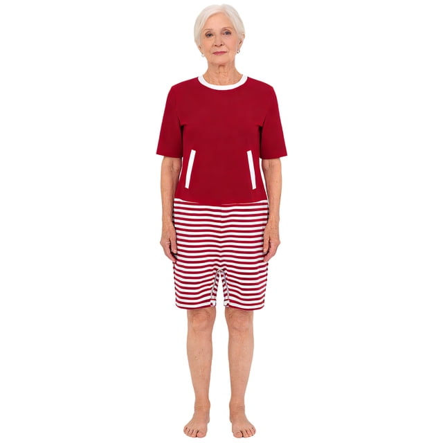 YiZYiF Combinaison Adaptative pour Femmes à Rayures Color Block Courte pour Démence Personnes Âgées Besoins Spéciaux Rouge P