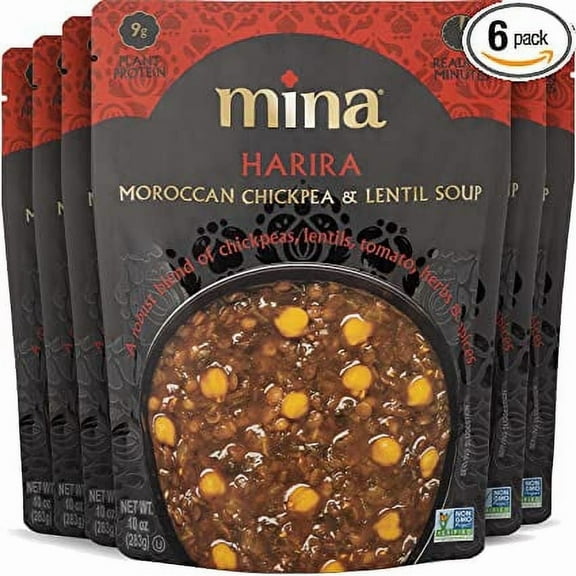 Mina Harira Moroccan Chickpeas & Lentils - 10 oz, 6 Pack, Vegan Lentil Soup, Ready to Eat Meals