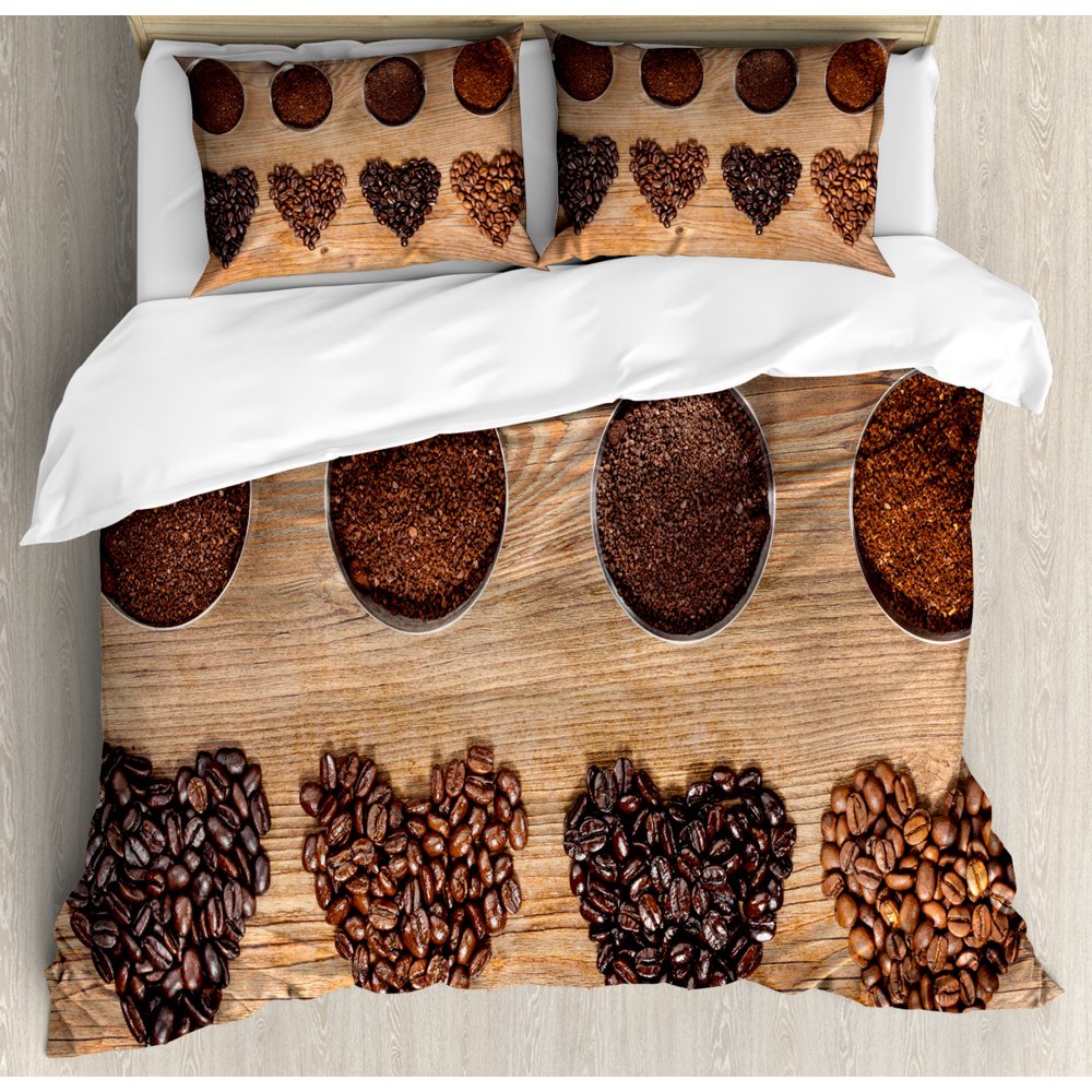 Coffee Duvet Cover Set, Overview Layout of Beans in the Shape of Hearts