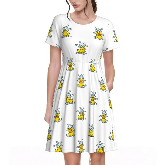 Defioc Rubber Duck Showe Pattern Womens Summer Dresses Short Sleeve Sundress 2025 Beach Vacation Dresses with Pockets -X-Large