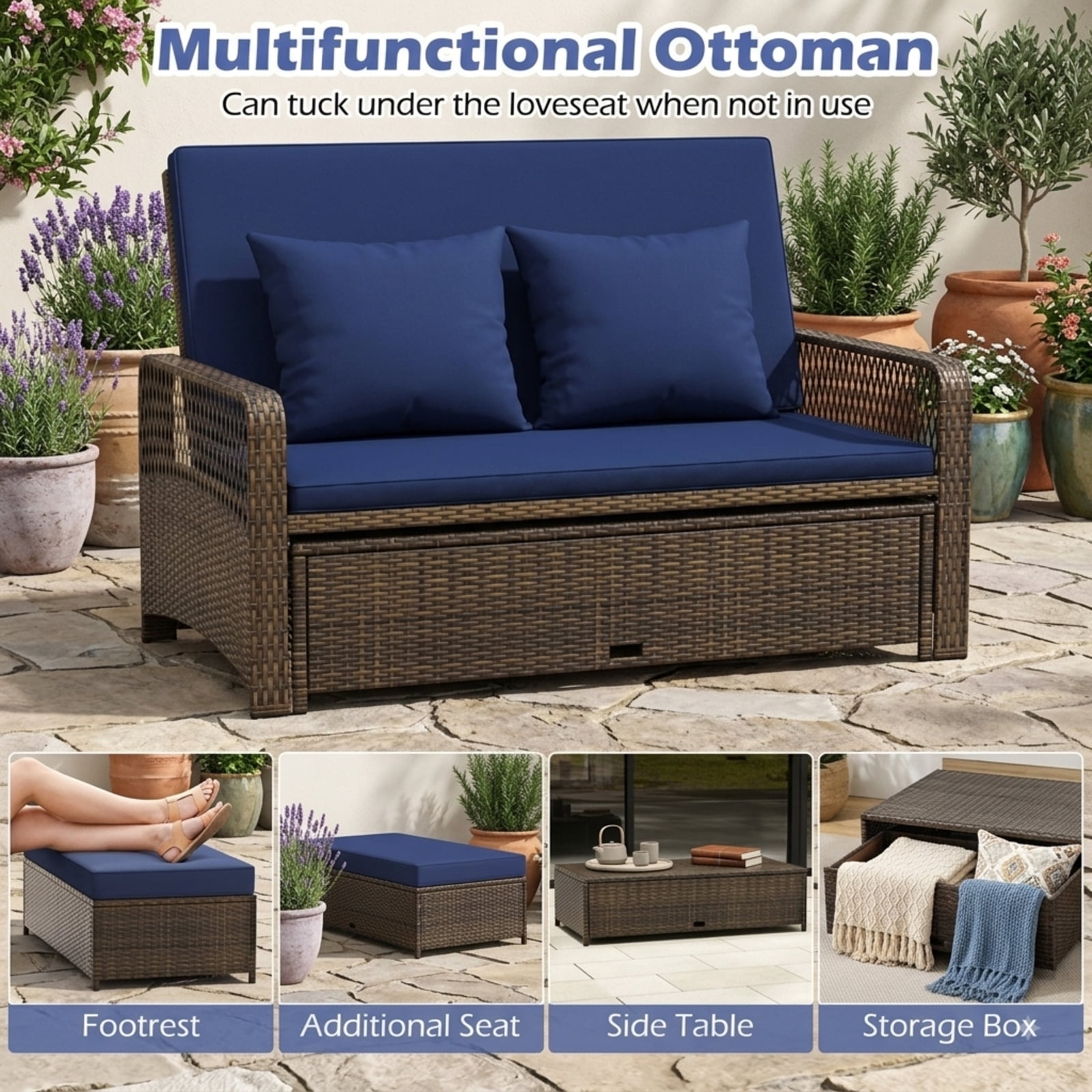 Furnibear Patio Wicker Daybed with 4-Level Backrest, Outdoor PE Rattan Loveseat Sofa & Ottoman Set with Cushions for Backyard Poolside, 800 LBS, Navy