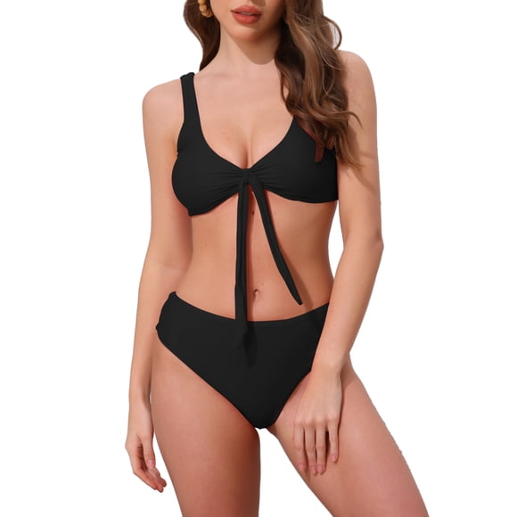 INSPIRE CHIC Conjuntos de Bikini con Decoración de Cordones para Mujeres, Top de Tirantes Anchos y Parte Inferior Triangular, Trajes de Baño Medianos Negros