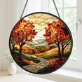 Autumn Forest Path Stained Glass Suncatcher, Fall Leaves Window Hanging ...