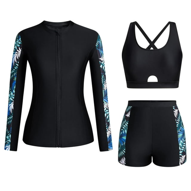 Lcziwo Women's Zip Up Rash Guard 3 Piece Long Sleeve Swimwear Sun Protection Built in Bra Swim Shirts with Boyshorts Black,M