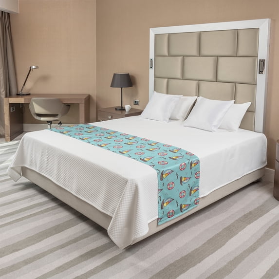 Sailing Bed Runner, Continuous Cheery Doodle of Sailboat Seagull and Circle, Decorative Accent Bedding Scarf for Hotels Homes and Guestrooms, Queen, Pale Seafoam Multicolor, by Ambesonne