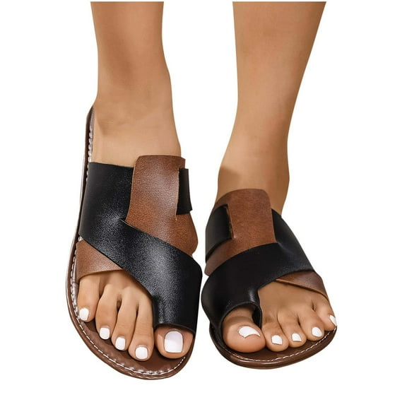 LOVZFMLL Flat Sandals for Women Summer Casual Leather Toe Loop Slippers Open Toe Beach Walking Soft Slides Slip On Outdoor Brown 7.5
