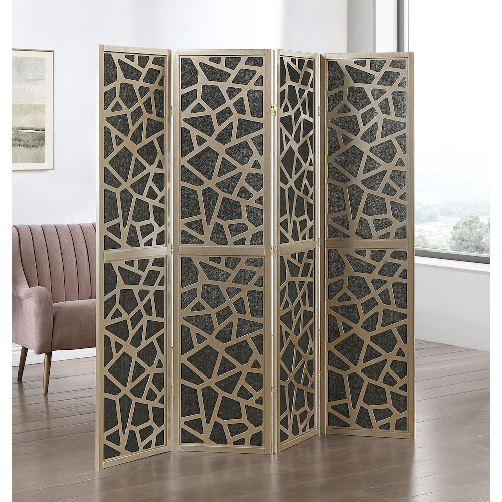 Roundhill Furniture 4-Panel Wood Room Divider, Folding Portable Partition Screen, Black and Gold