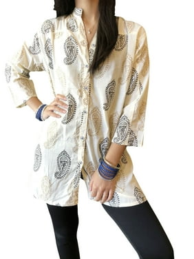 Mogul Women Boho Blouse Shirt, Beige Paisley Print Summer Button Down Bohemian Chic Blouse M