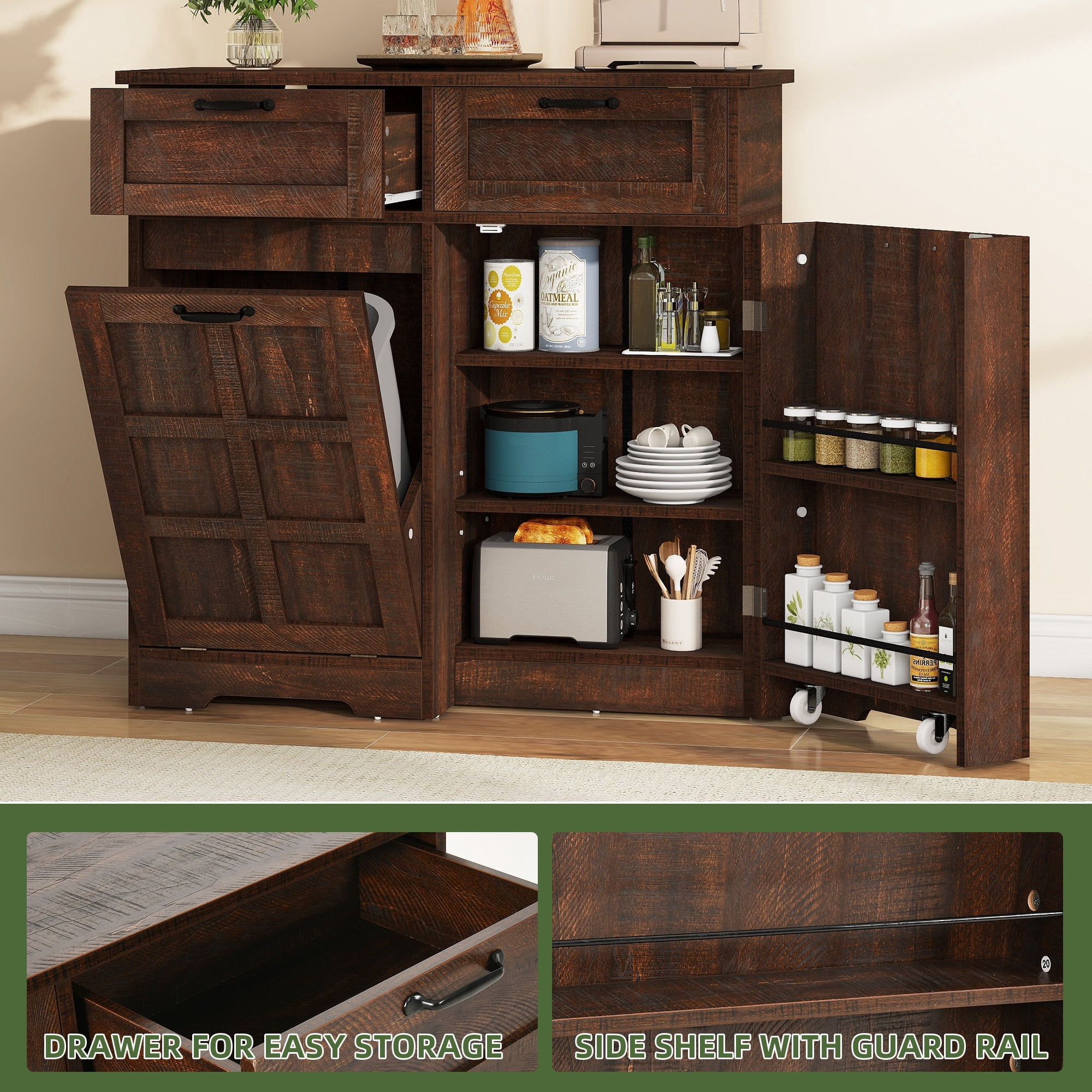 Uforic Kitchen Storage Buffet Cabinet for 10-gal Trash Bin, Tilt Out Trash Cabinet with Drawers & Shelves, Brown