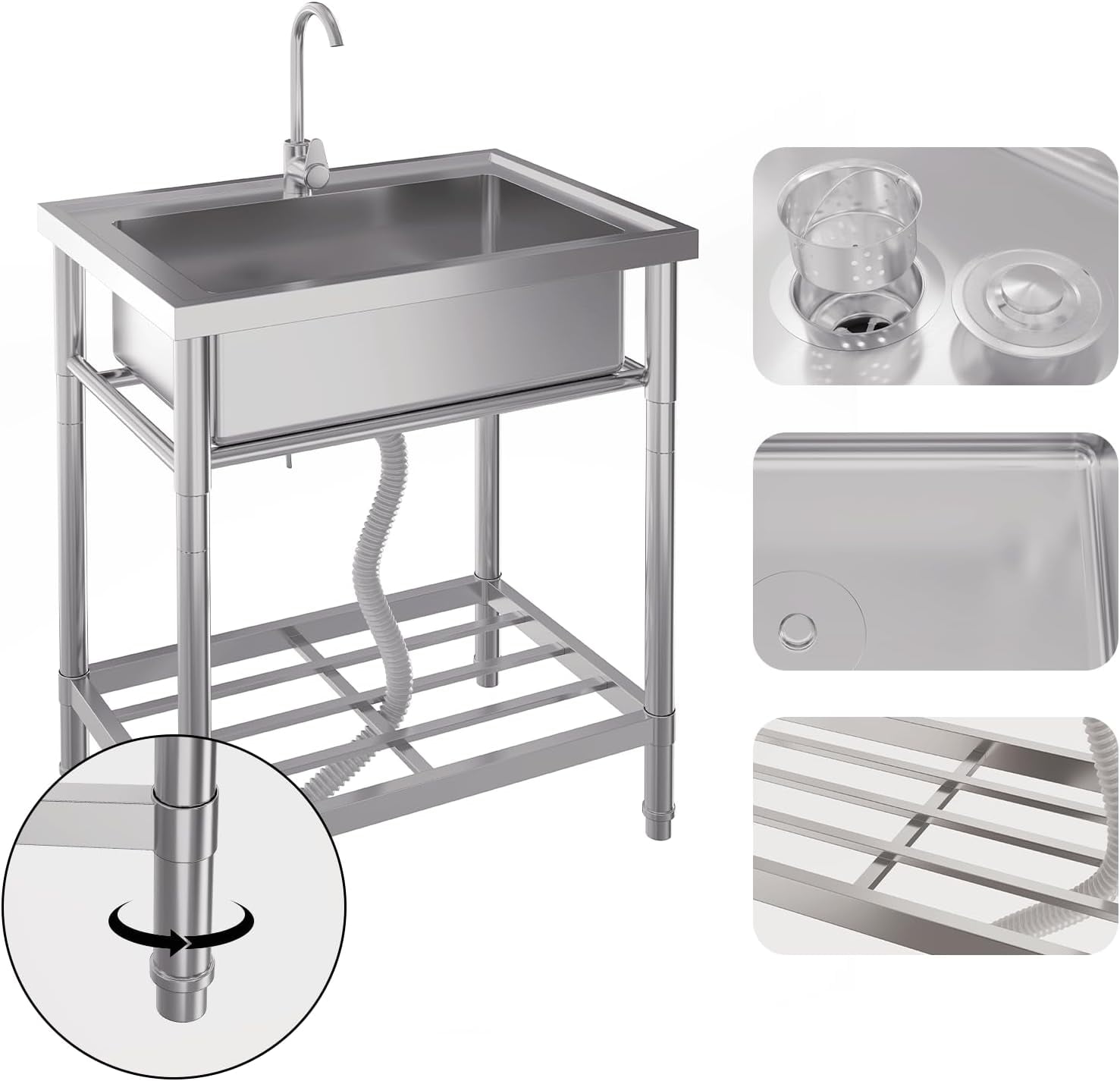 EastVita Stainless Steel Free-Standing Single Bowl Utility Laundry Sink with Faucet, Drainboard, Storage and Hot/Cold Water Plumbing for Restaurant, Workshop