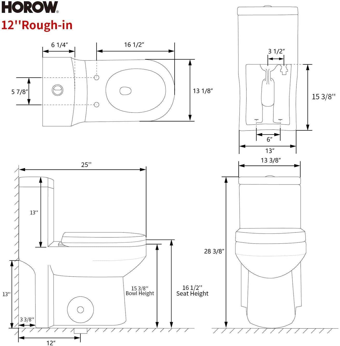 HOROW Small one Piece Toilet Compact Bathroom Commode Water Closet Dual Flush,12'' Rough-in+UF Seat