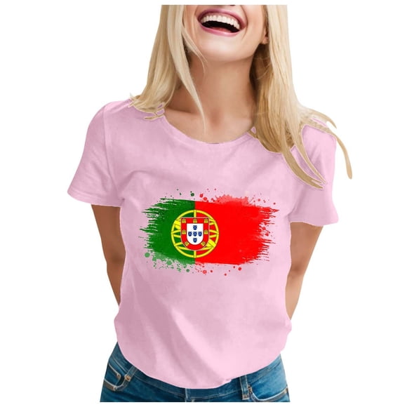 LUOGENLI Female T-shirts for Womens Portugal Women's Soccer Fan T Shirt Colorful Flag Art Splash Print Casual Short Sleeve Top for Ladies Womens Funny T-shirts Graphic Tees Summer Clothes L