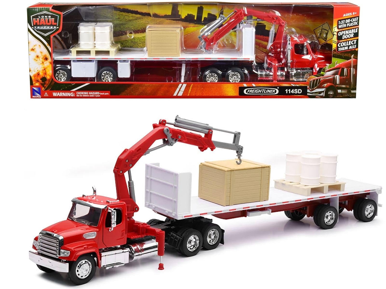 NewRay Freightliner 114SD Flat Bed with Crane and Accessories, 1:32 Scale
