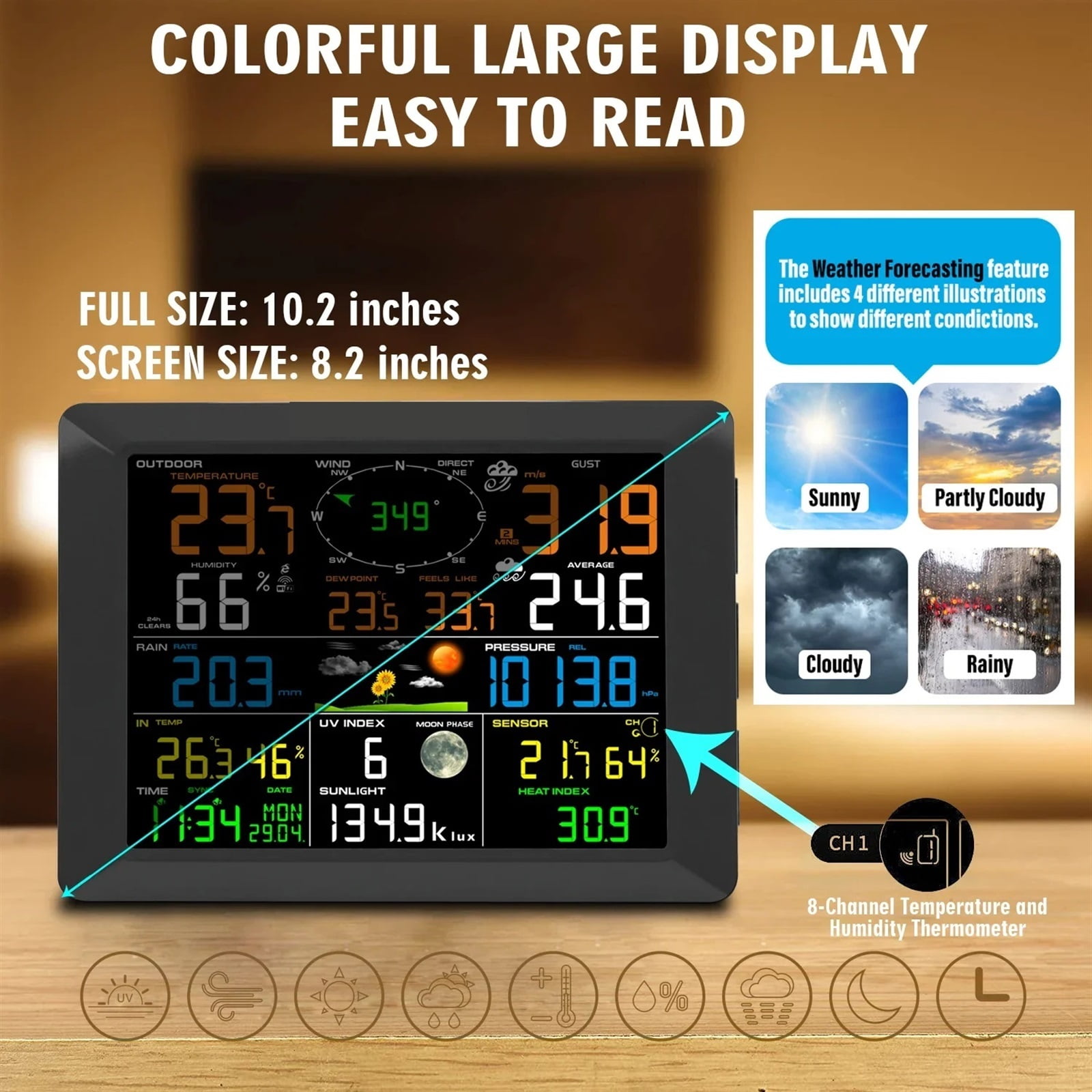 0320 Wireless Weather Stations 10 Inch Large Display Indoor Outdoor Thermo-hygrometer Rain Gauge Wind Speed 8 Channel Supports ,High Precision