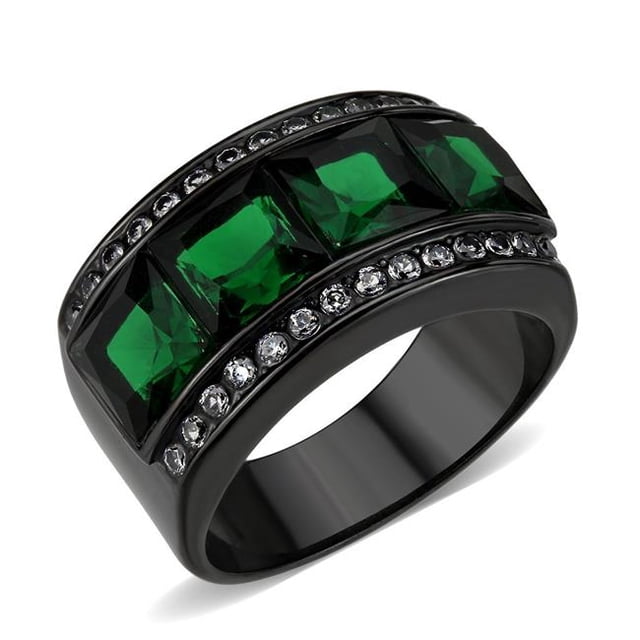 IP Black Stainless Steel Ring with Synthetic Stone, Emerald - Size 5