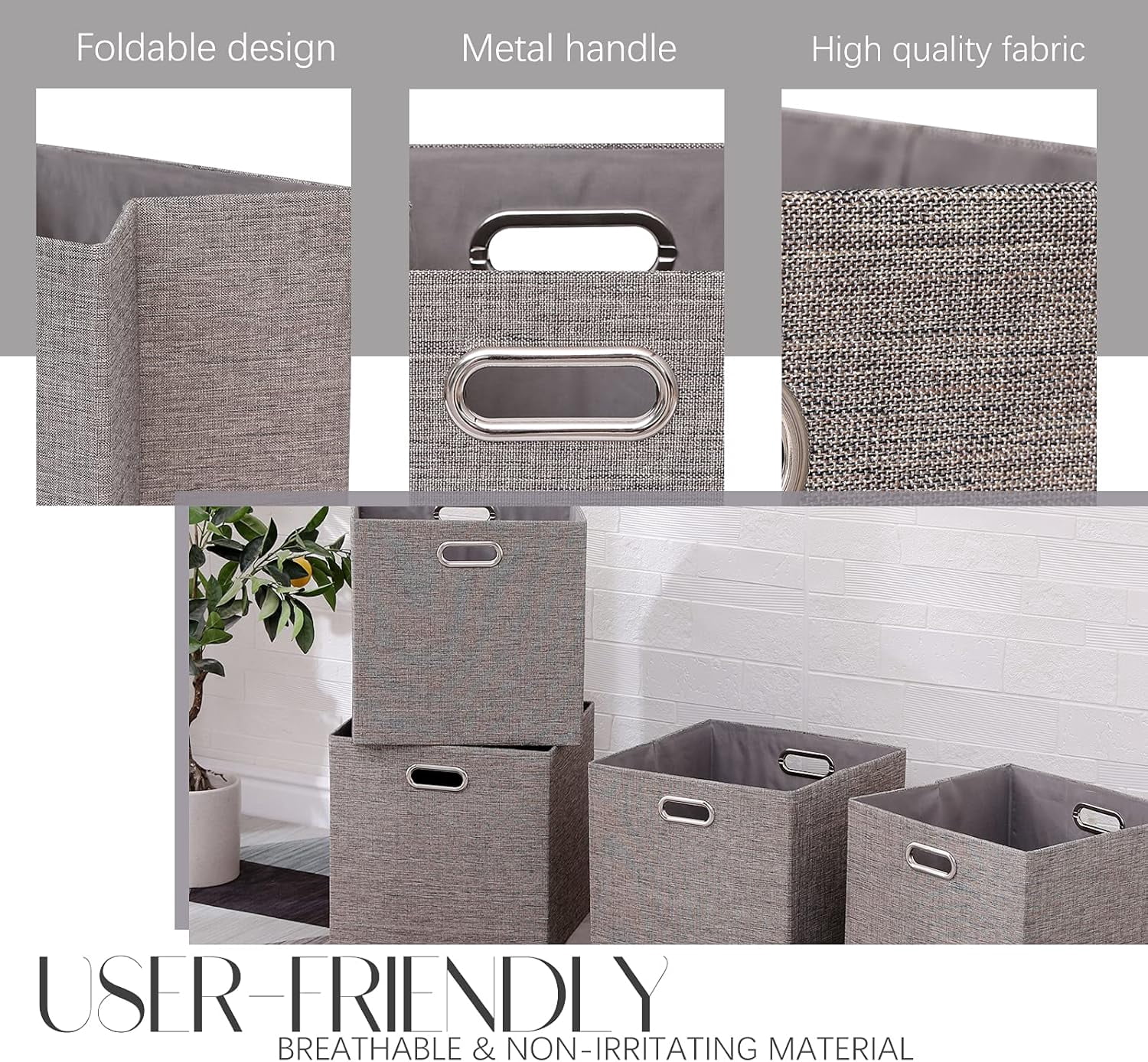 Cube Storage Bins 13×13 Linen Foldable Box with Handles, Collapsible Organization Basket Set of 4 Large Capacity Drawer for Closet Shelf Cabinet Bookcase Bedroom, Light Coffee