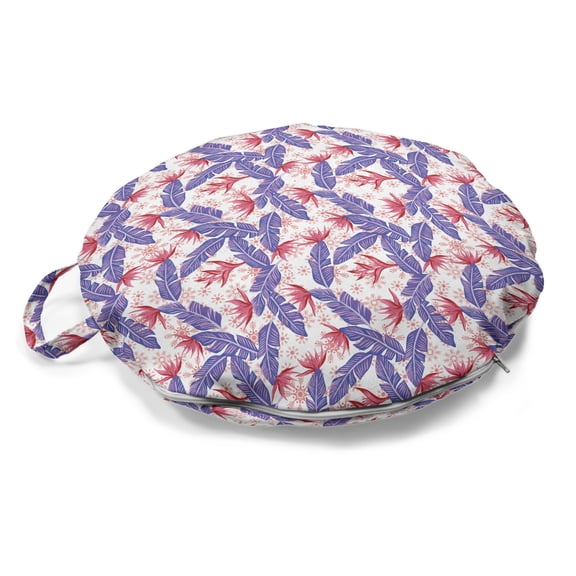Tropical Round Floor Cushion with Handle, Exotic Banana Leaves and Bird of Paradise Blossoms Hawaiian Pattern, Pillow for Living Room & Dorms, 18" Round, Raspberry and Blue Violet, by Ambesonne