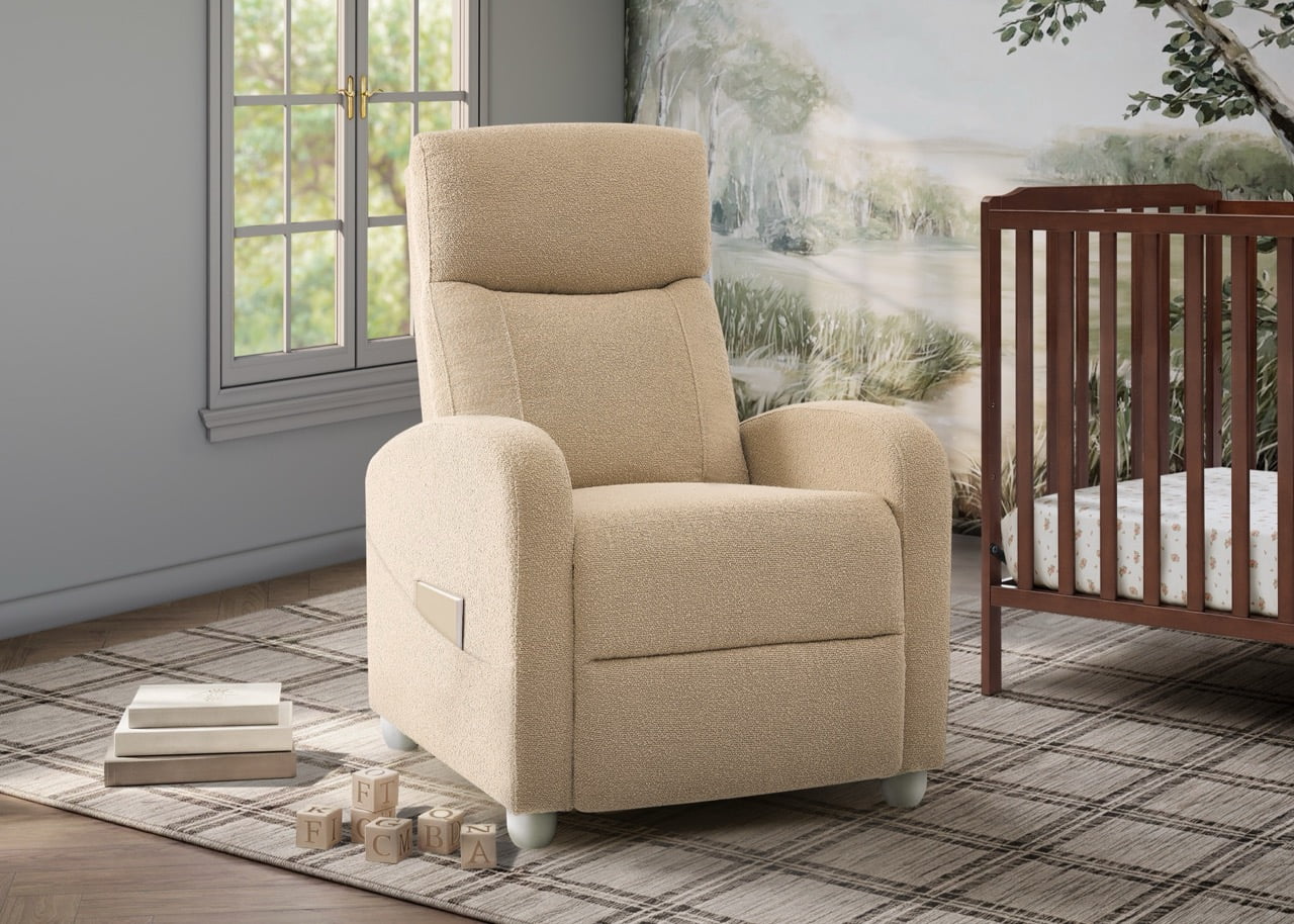 Delta Children Riley Pushback Stationary Recliner, Boucle Textured Fabric with Pocketed Coil Cushion and Side Storage Pocket, Wheat