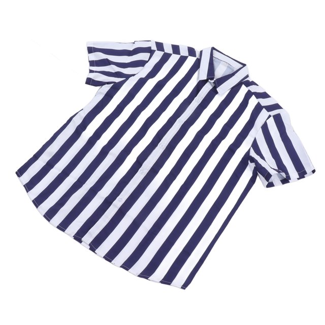 Camisa A Rayas Para Hombre, Diseño En Contraste Azul Y Blanco, Parte Superior Con Botones De Manga Corta Para La Vida Diaria, Viajes, Trabajo, Oficina, Hogar, Calle Con Diseño De