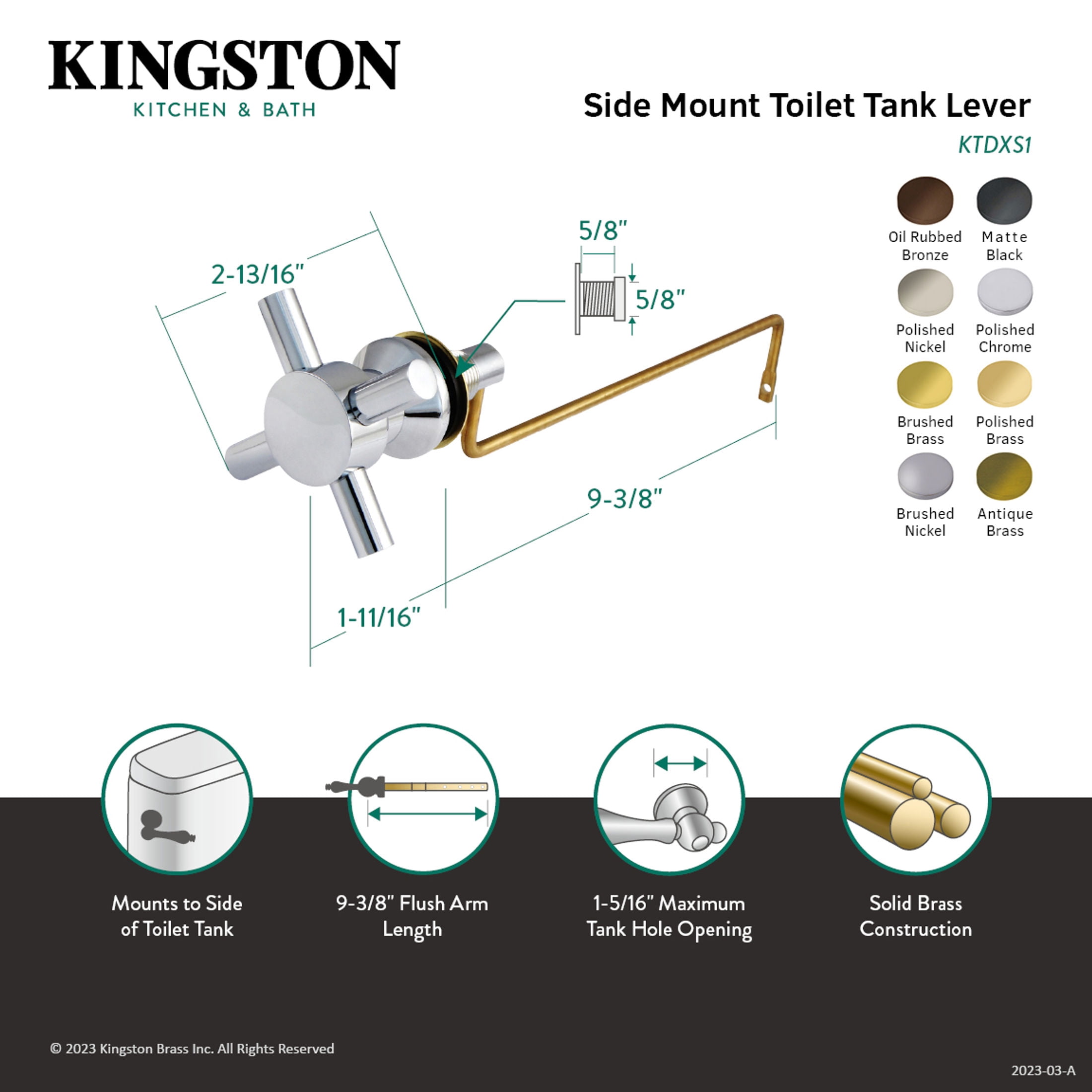 Kingston Brass KTDXS8 Concord Side Mount Toilet Tank Lever, Left/Right Installation in Brushed Nickel