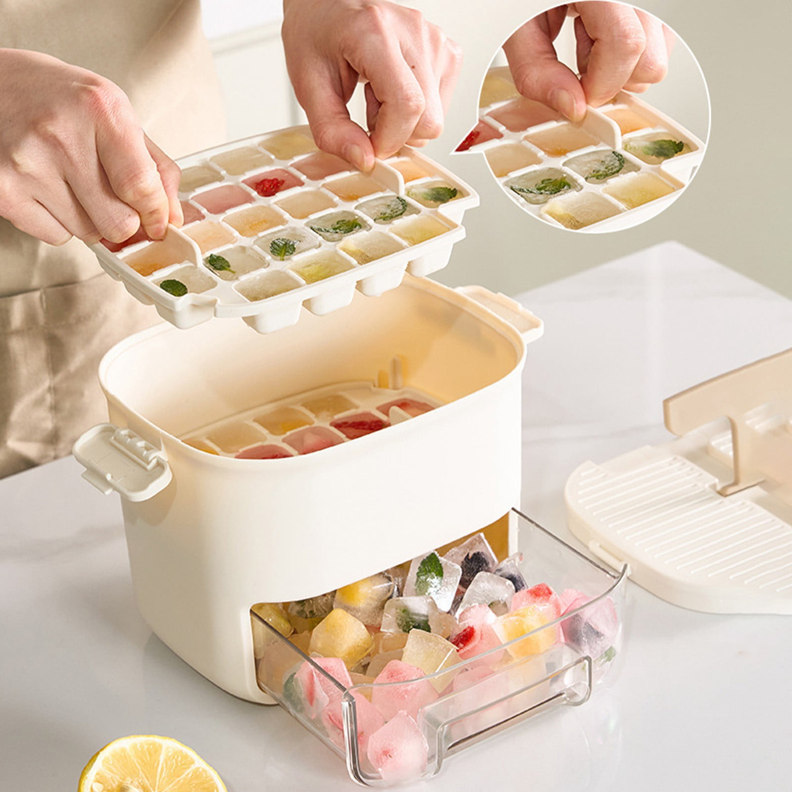 press type ice cube maker,handle press ice cube maker,handle press ice cube maker, for Freezer, Handled Press-Type Ice Cube Tray with Lid and Bin for Whiskey, Cocktail(Brown)