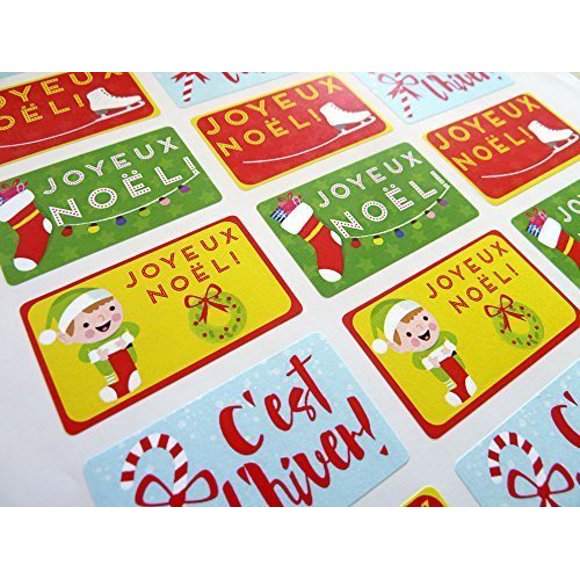 Pack of 24 Joyeuses Fêtes Joyeux Noël French Christmas Greeting Stickers, Colourful Self-Stick Labels for Cards, Envelopes, Craft, Decoration