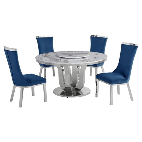 Round White Marble 5pc Dining Set with Silver Stainless Steel and 4 Chairs