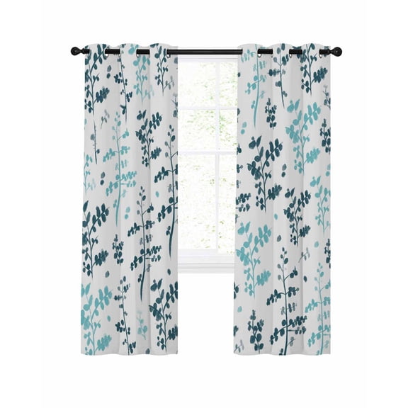Teal Green Botanical Blackout Curtains, Light Blocking Print Window Curtains, Watercolor Spring Floral Summer Leaf Thermal Insulated Window Drapes for Living Room 2 Panels, 84"W x 63"L
