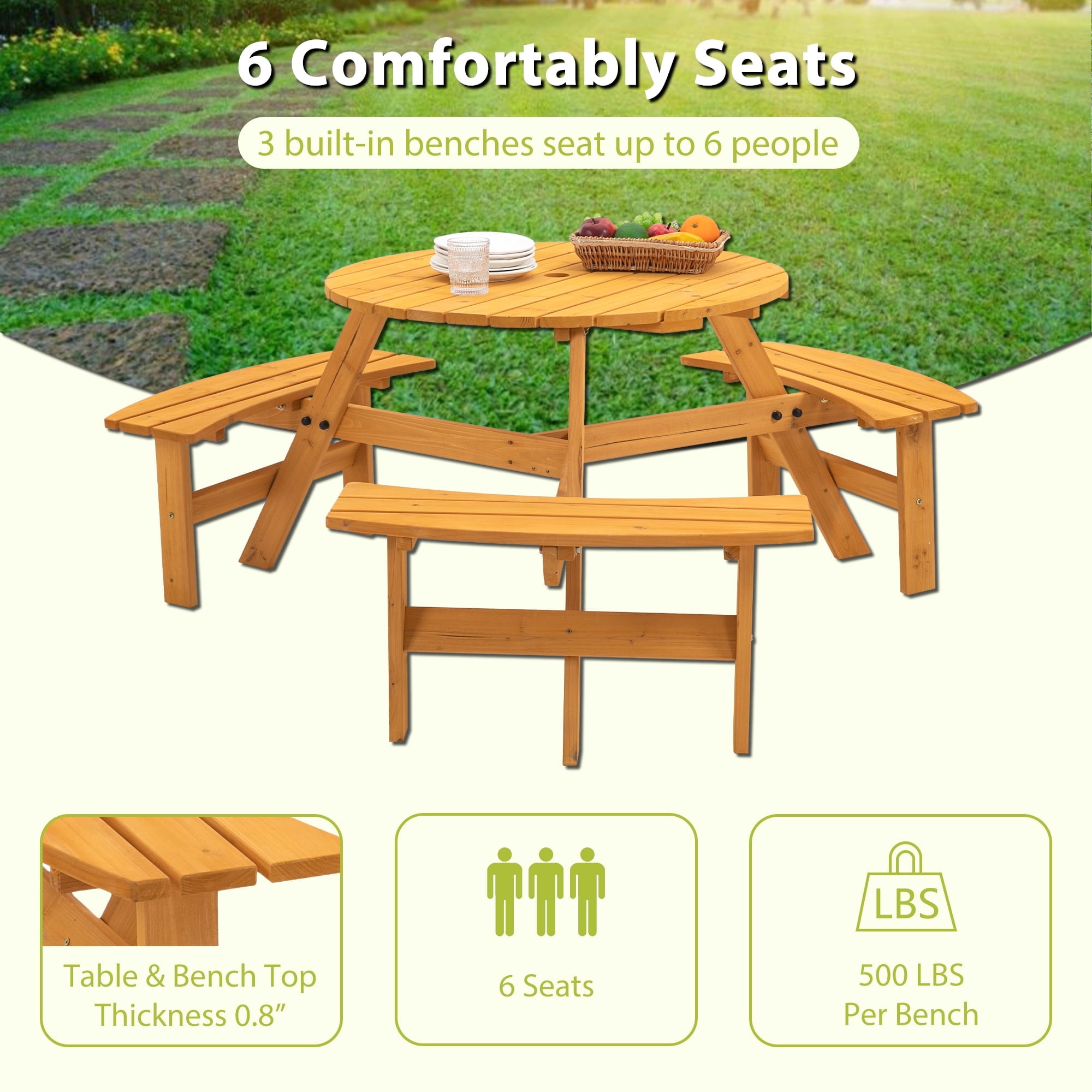 6-Person Circular Outdoor Wooden Picnic Table w/ 3 Built-in Benches for Patio,Backyard,Garden-Natural