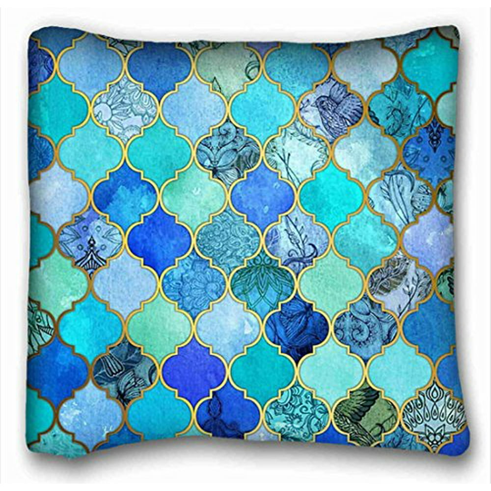 WinHome Cobalt Blue Aqua Gold Moroccan Tile Pattern Throw Pillow Case