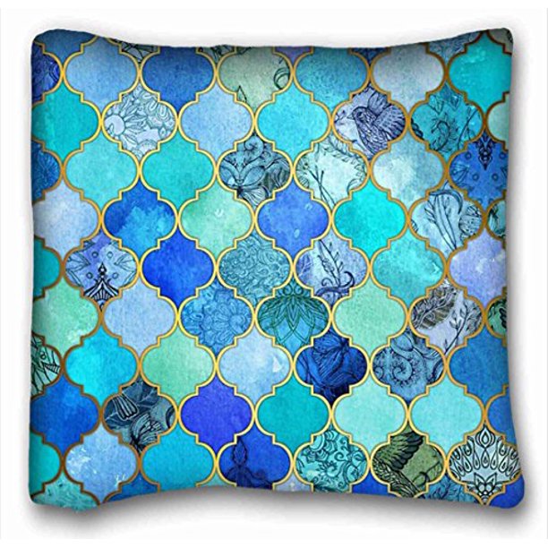 WinHome Cobalt Blue Aqua Gold Moroccan Tile Pattern Throw Pillow Case