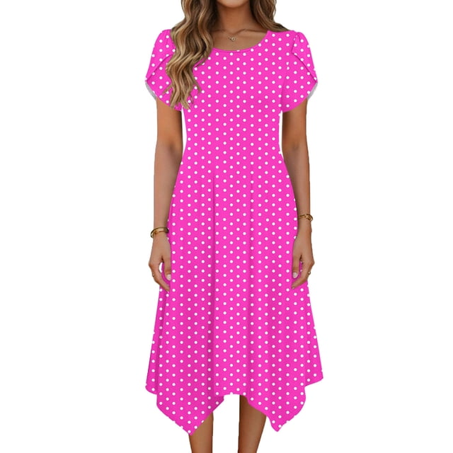 TaTaai Women's Polka Dot Flutter Sleeve Dress Short Sleeve Round Neck Midi Casual Dress with Irregular Hem Lightweight Stretchy Gift