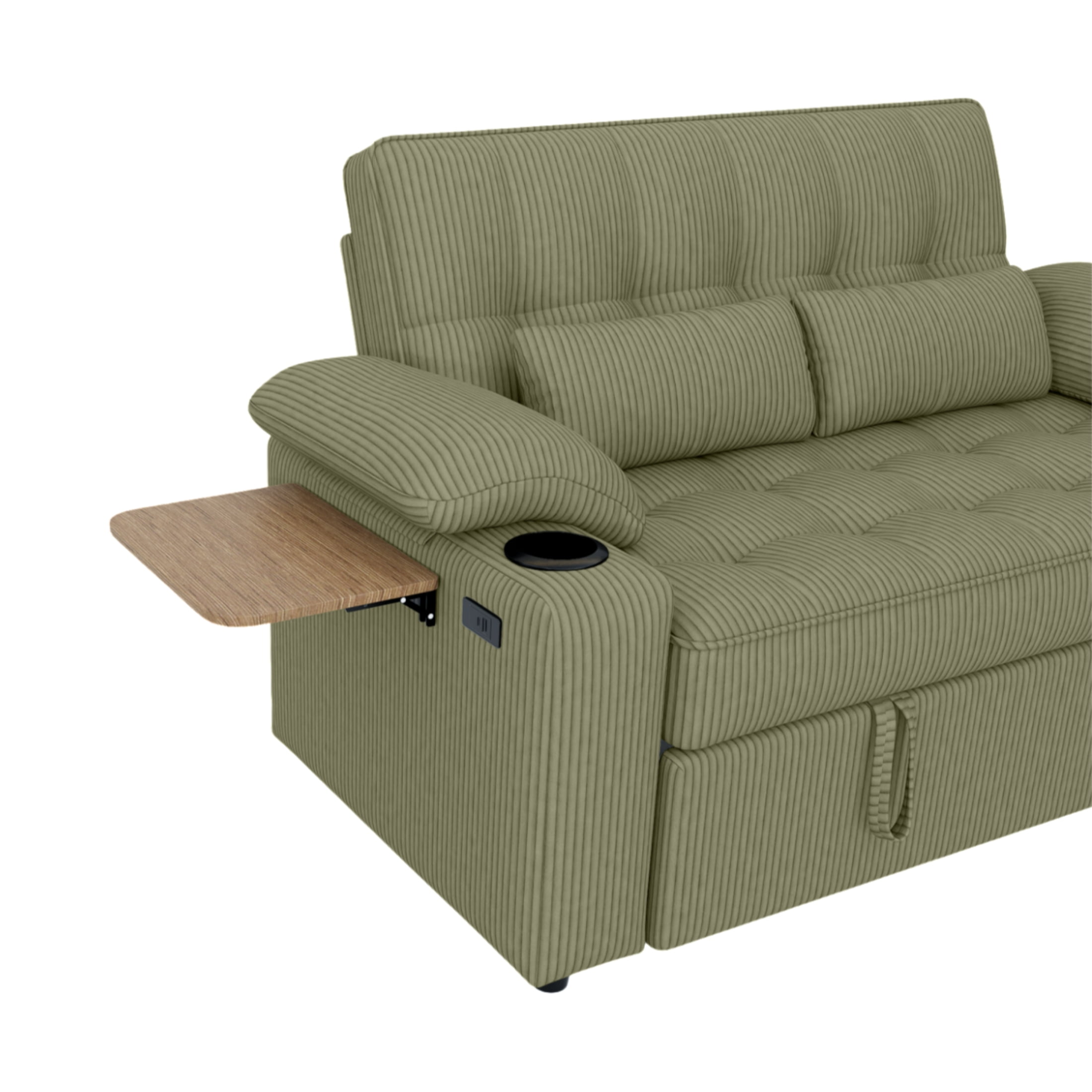 Vinform 3 in 1 Sleeper Sofa Bed, 58" Convertible Loveseat with Foldable Side Tray Table, USB Ports and Cup Holders for Apartments, Corduroy, Green
